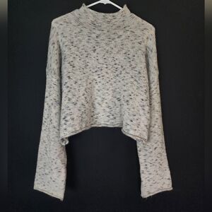 Speckled Gray Knit Crop Sweater with Mock Neck, S